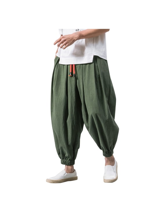 Harem Pants Men, Drawstring Cotton Linen Pants Loose Solid Color Jogger Pants Plus Size Wide Leg Elasticated Pants S-4XL