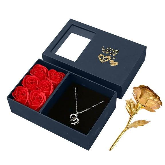 HBYJLZYG Heart Necklace and Rose Gift Set, 6"x4" Elegant Gift Box with Red Artificial Roses and Golden Rose, Romantic Present for Mother's Day, Valentine's Day, and Anniversaries