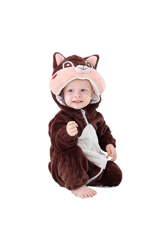 Hooded Romper Squirrel Shaped Jumpsuits Fleece Crawling Clothes, Young Children With Clothes Bodysuit Soft Warm Pajamas Snowsuit