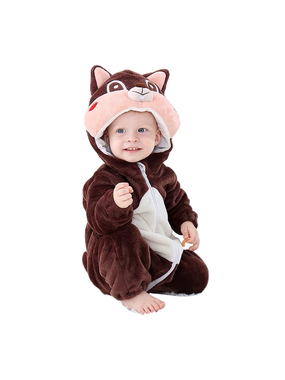 Hooded Romper Squirrel Shaped Jumpsuits Fleece Crawling Clothes, Young Children With Clothes Bodysuit Soft Warm Pajamas Snowsuit