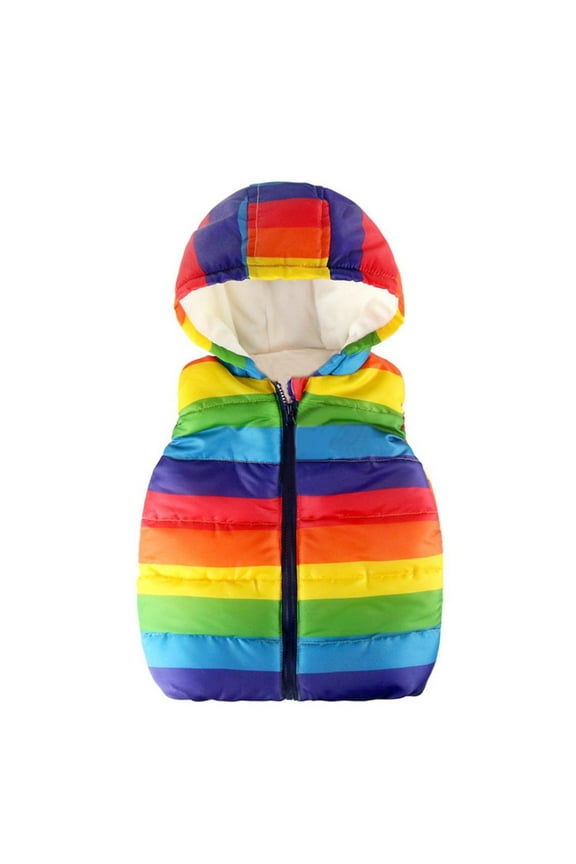 Hoodies Down Vest Sleeveless Puffer Jacket, Toddler Kids Baby Grils Boys Rainbow Strip Hooded Warm Waistcoat Tops