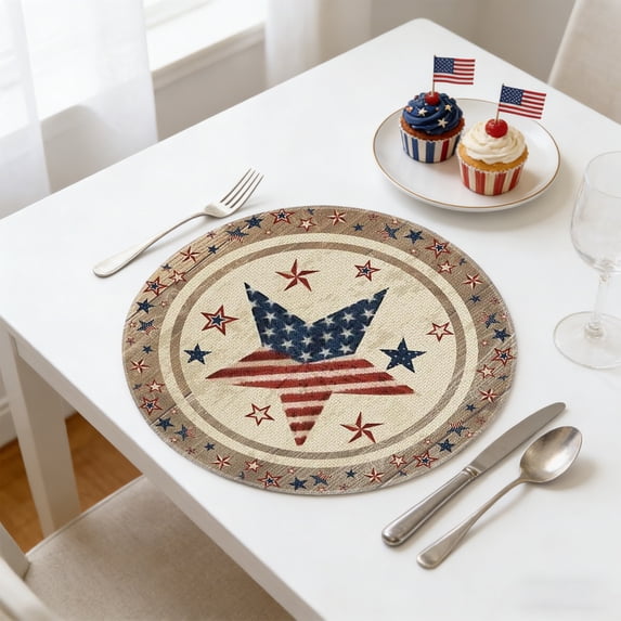 HBYJLZYG Independence Day Round Placemats, Star Striped Linen-Like for Kitchen, Dining, Party