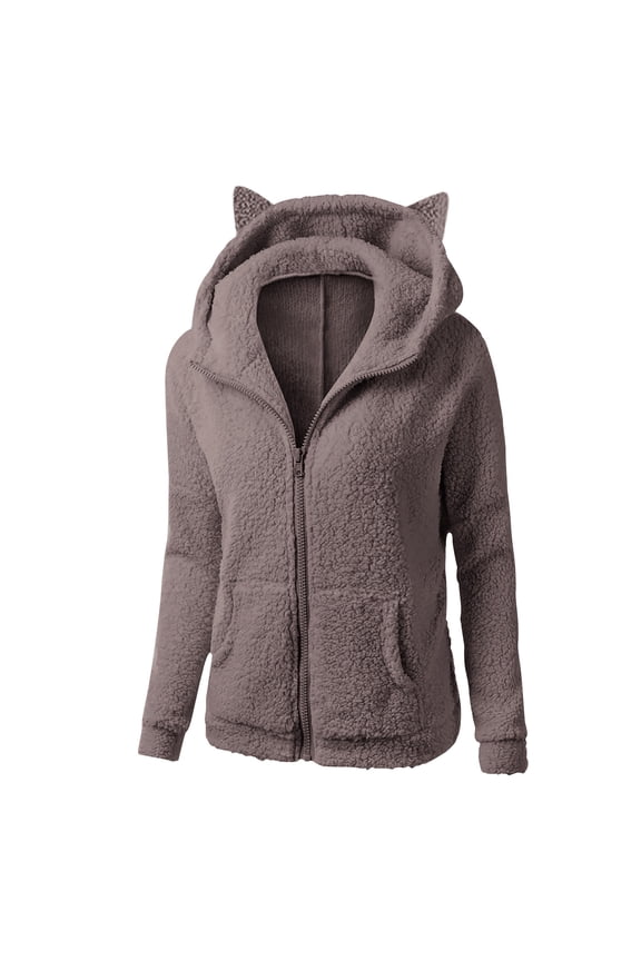 Jacket Coat Lamb Fleece Cardigans Sweater Cat Ears Cap, Women Winter Warm Wool Long Sleeve Zipper Sherpa Fleece Coat Outwear With Pocket