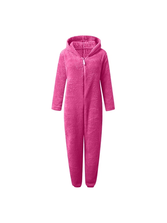 Jumpsuit Pajamas Plush Fleece Hooded, Women Long Sleeve Hooded Pajamas Casual Winter Warm Rompe Sleepwear Jumpsuit