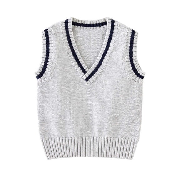HBYJLZYG Kids V-Neck Knit Vest with Contrast Striped Trim, Sleeveless Preppy Sweater Top, Unisex School Uniform Layer for Fall and Spring