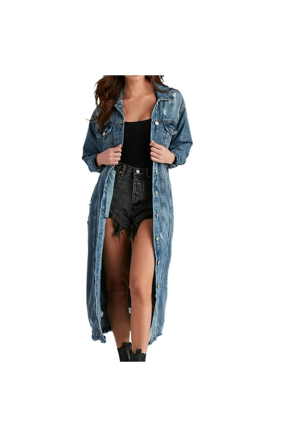 Long Trench Coats Denim Jacket Ripped Tops, Womens Autumn And Winter Vintage Fashion Casual Loose Handsome Distressed Jacket Tops With Belt