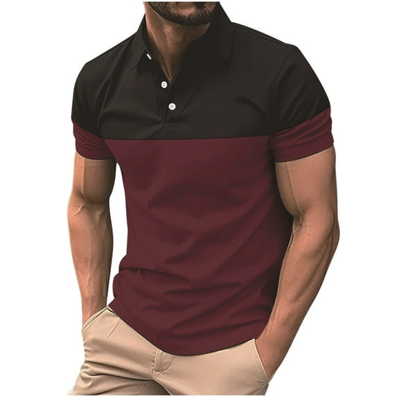 HBYJLZYG Men Classic Golf Shirts Short Sleeve Casual Button T-Shirt Summer Lapel Color Block Tops Wine