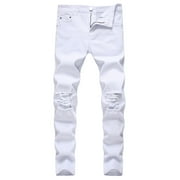 HBYJLZYG MenS Ripped Jeans Distressed Destroyed Mid Waist Jeans Straight Leg Stretchy Knee Holes Denim Pants For Men