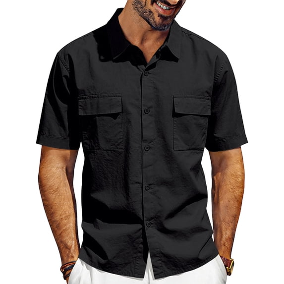 HBYJLZYG Men's Casual Button Up Shirt with Dual Chest Pockets, Short Sleeve, Wrinkle Resistant Polyester, S-XXXL for Daily & Travel