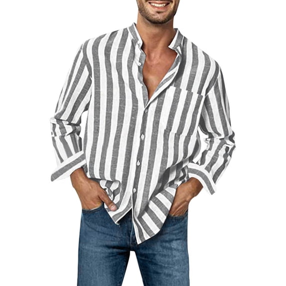 HBYJLZYG Men's Casual Striped Button Down Shirt, Mandarin Collar Long Sleeve Top with Chest Pocket, Summer Vacation Shirt for Men