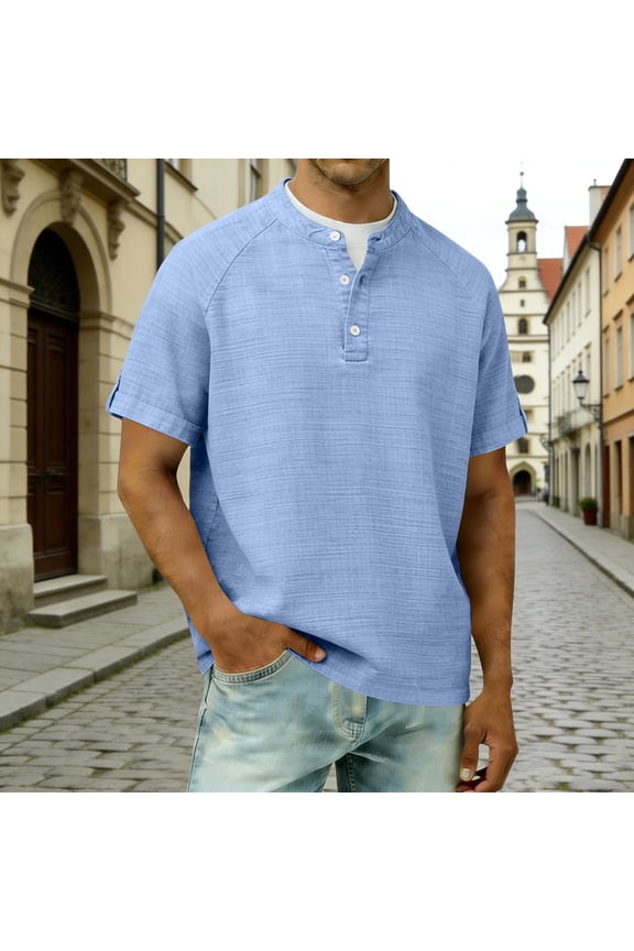 Men's Cotton Linen Blend Henley T-Shirt with 3-Button Placket, Short Sleeve, Raglan Sleeve, Breathable, S-XXXXL for Everyday & Outdoor