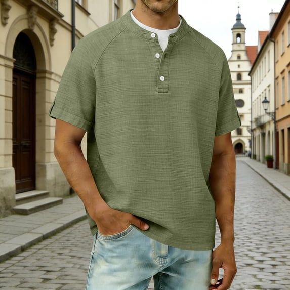 HBYJLZYG Men's Cotton Linen Blend Henley T-Shirt with 3-Button Placket, Short Sleeve, Raglan Sleeve, Breathable, S-XXXXL for Everyday & Outdoor