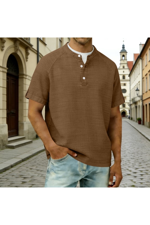 Men's Cotton Linen Blend Henley T-Shirt with 3-Button Placket, Short Sleeve, Raglan Sleeve, Breathable, S-XXXXL for Everyday & Outdoor
