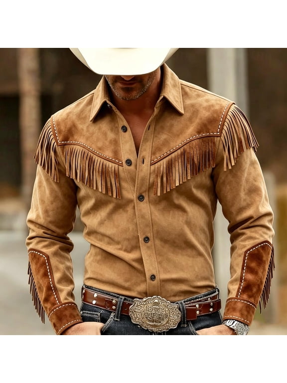 Men's Fringe Button Down Shirt Long Sleeve Suede Look Western Top, Cowboy Style Collared Casual Blouse, Vintage Party Festival Wear for Men