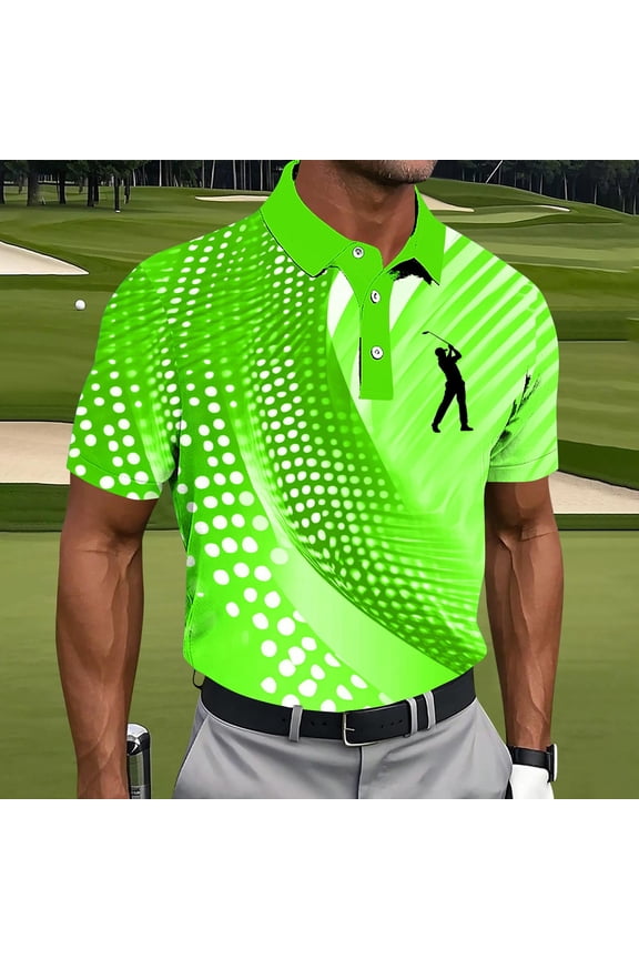 Men's Geometric Print Golf Shirt, Short Sleeve Button Collared Dot Gradient Top with Golfer Swing Design, Athletic Casual Summer Sports Shirt for Men Big Tall