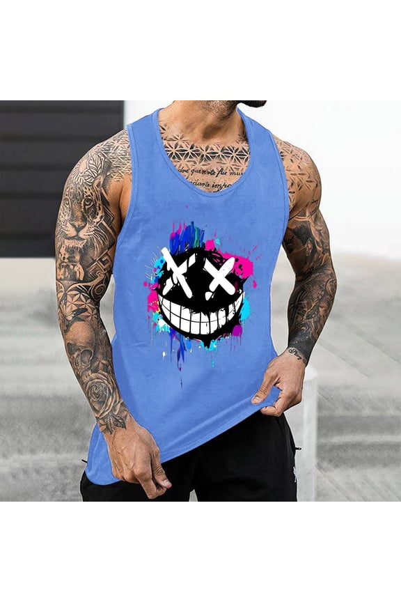 Men's Graffiti Print Tank Top, Smiling Face Stringer Racerback Workout Vest, Street Style Athletic Shirt for Men