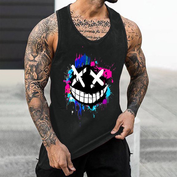 HBYJLZYG Men's Graffiti Print Tank Top, Smiling Face Stringer Racerback Workout Vest, Street Style Athletic Shirt for Men