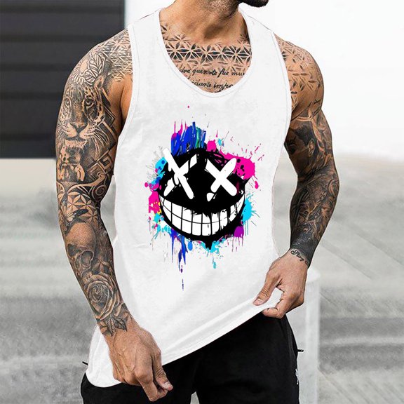 HBYJLZYG Men's Graffiti Print Tank Top, Smiling Face Stringer Racerback Workout Vest, Street Style Athletic Shirt for Men