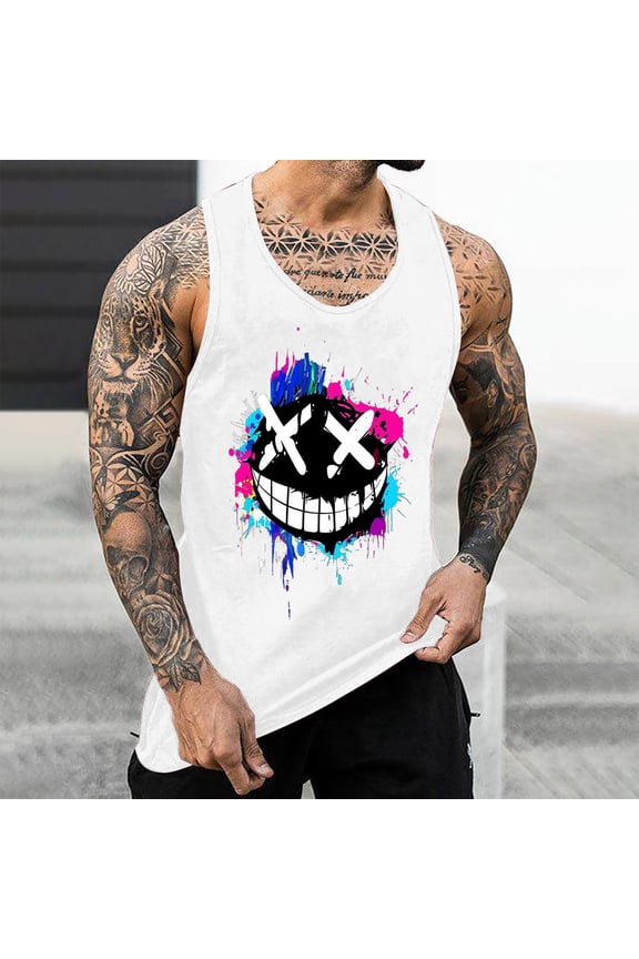 Men's Graffiti Print Tank Top, Smiling Face Stringer Racerback Workout Vest, Street Style Athletic Shirt for Men