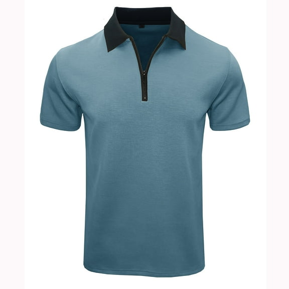 HBYJLZYG Men's Half Zipper Shirts Short Sleeve Casual Turn Down Collar T-Shirt Summer Solid Color Classic Blouse Tops Blue