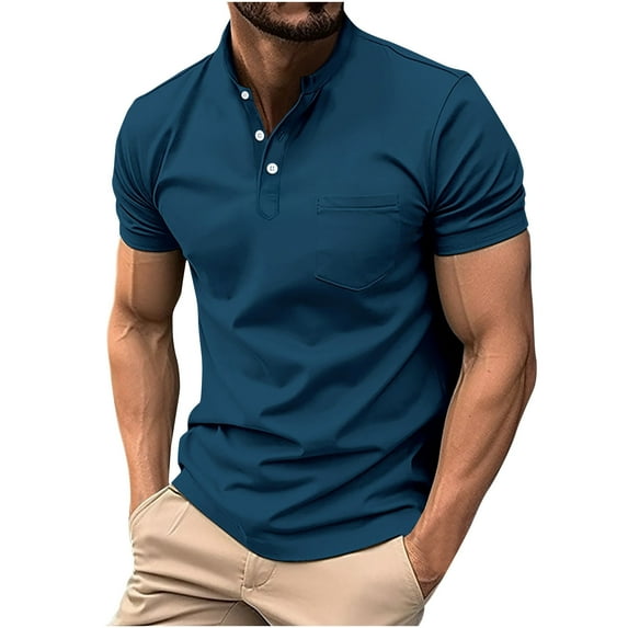 HBYJLZYG Men's Henley Shirts Short Sleeve Casual Basic Tee Summer Button Lightweight Beach Hippie T-Shirts Blue