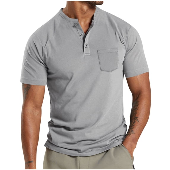 HBYJLZYG Men's Henley Shirts Short Sleeve Casual Loose Pocket Sports T-Shirt Tops Summer Solid Color Shirts For Men 2024 Gray
