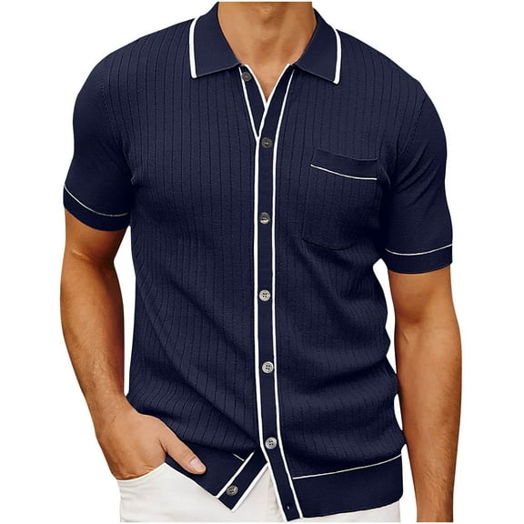 HBYJLZYG Men's Knit Casual Shirts Short Sleeve Casual Button Down Shirts Summer Striped Turndown Collar Tops Navy