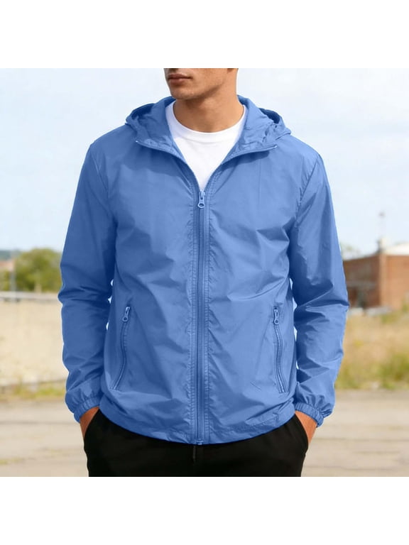 Men's Lightweight Hooded Windbreaker, Zip Up UV Sun Protection Jacket, Summer Outdoor Running Hiking Coat, Breathable Casual Sportswear