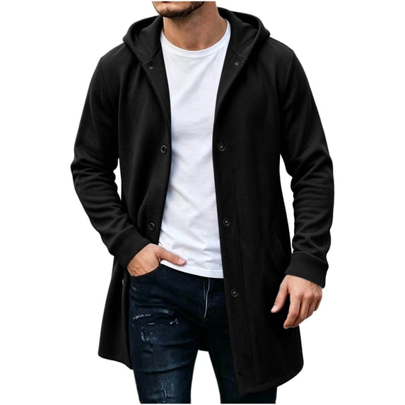 HBYJLZYG Men's Long Hooded Coat, Snap Button Fleece Lined Overcoat with Pockets, Casual Solid Color Outerwear for Fall Winter Daily Wear