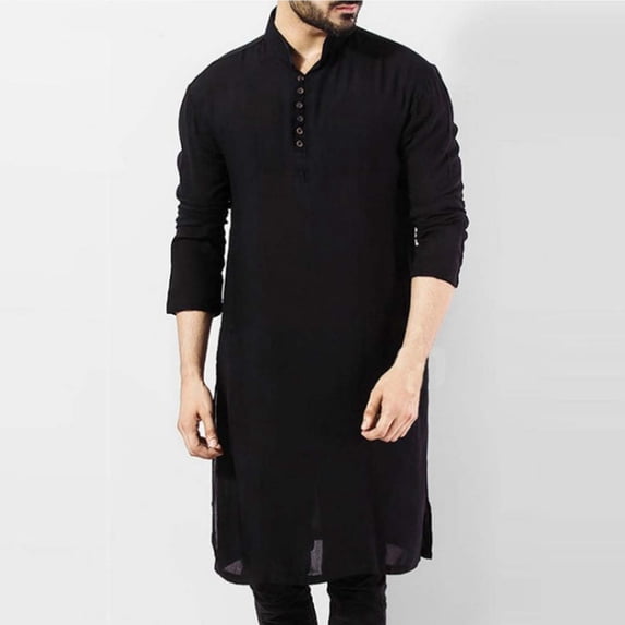 HBYJLZYG Men's Mandarin Collar Kurta, Long Sleeve Henley Neck Button Tunic Shirt, Casual Ethnic Style Top for Men