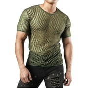 HBYJLZYG Men's Mesh Fishnet Tops Short Sleeve Sheer See Through T Shirt Fitted Muscle Blouse Clubwear Round Neck Fitness Shirts