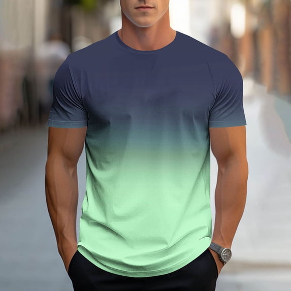 HBYJLZYG Men's Ombre Gradient Print Short Sleeve Tee, Crew Neck, Lightweight Polyester, for Everyday Wear & Light Activities