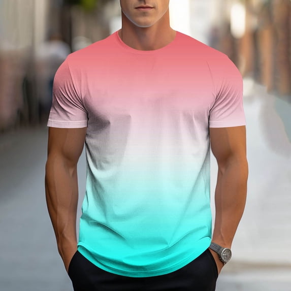 HBYJLZYG Men's Ombre Gradient Print Short Sleeve Tee, Crew Neck, Lightweight Polyester, for Everyday Wear & Light Activities