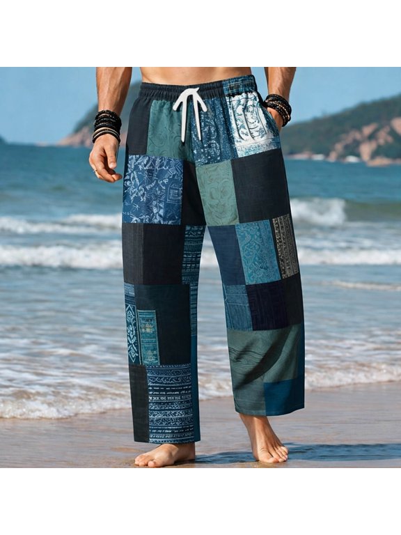 Men's Patchwork Boho Pants with Drawstring Waist and Ethnic Prints, Relaxed Fit Lightweight Summer Beach Vacation and Holiday Travel Casual Everyday Wear