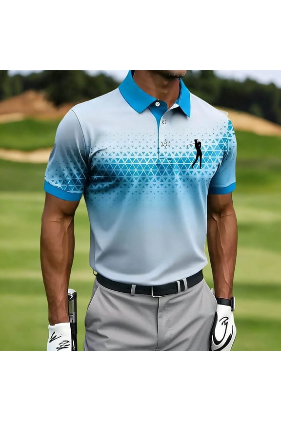 Men's Short Sleeve Collared Golf Shirt with Geometric Gradient Print and Golfer Silhouette, Athletic Performance Top with Contrast Trim for Summer Sports