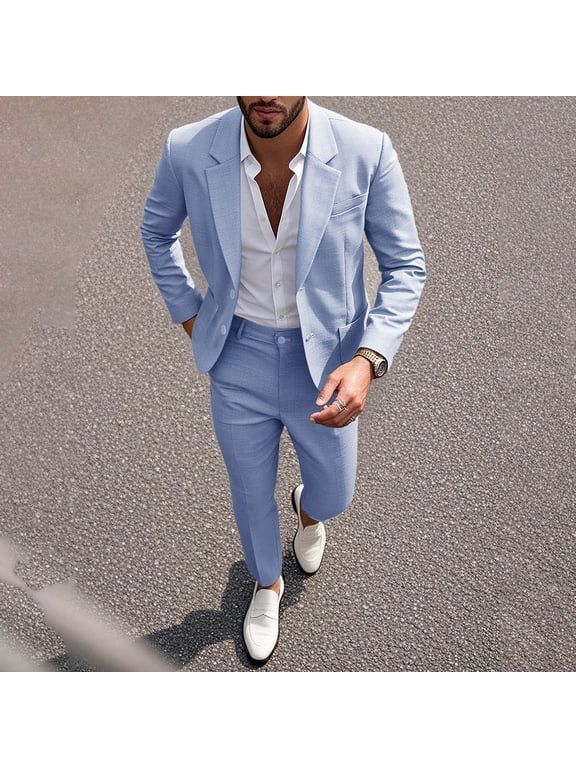 Men's Summer Lightweight Suit Set 2 Piece Blazer and Trousers, Business Casual Formal Wedding Outfit, Slim Fit Long Sleeve Jacket Pants
