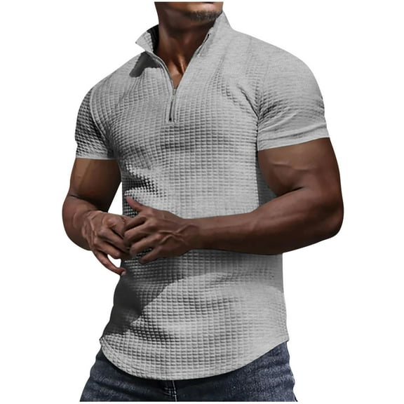 HBYJLZYG Men's Zipper Shirts Short Sleeve Casual High Neck T-Shirts Summer Solid Color Waffle Tops Gray