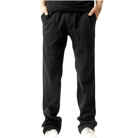 HBYJLZYG Mens Pants Elastic Waist, Casual Drawstring Linen Pants Baggy Lightweight Lounge Pants Beach Trousers With Pockets S-3XL