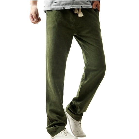 HBYJLZYG Mens Pants Elastic Waist, Casual Drawstring Linen Pants Baggy Lightweight Lounge Pants Beach Trousers With Pockets S-3XL