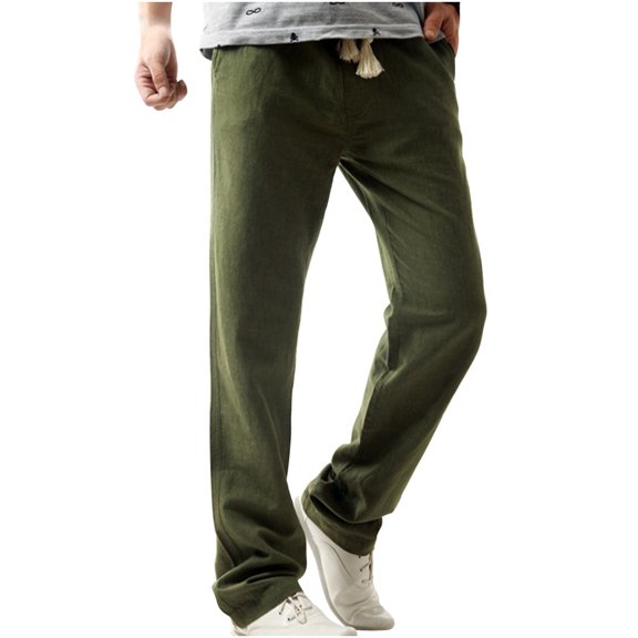 HBYJLZYG Mens Pants Elastic Waist, Casual Drawstring Linen Pants Baggy Lightweight Lounge Pants Beach Trousers With Pockets S-3XL