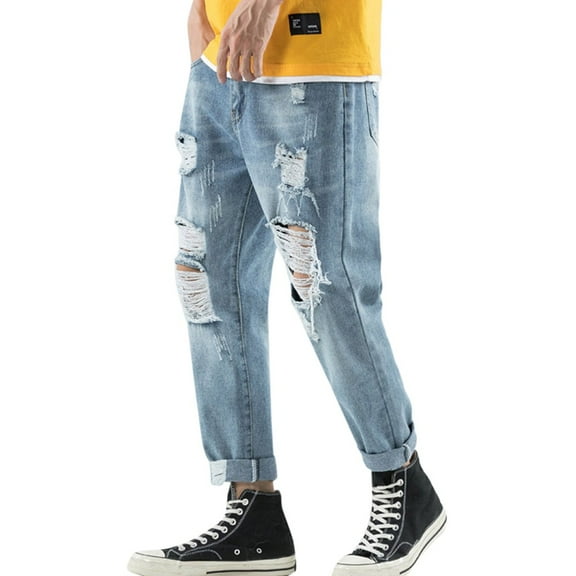 HBYJLZYG Mens Ripped Jeans, Baggy Jeans Straight Hole Trouser Distressed Casual Long Pants