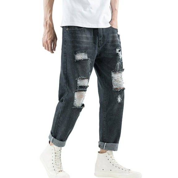 HBYJLZYG Mens Ripped Jeans, Baggy Jeans Straight Hole Trouser Distressed Casual Long Pants