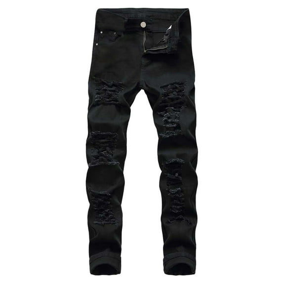 HBYJLZYG Mens Ripped Jeans, Slim-Fit Straight Pants Solid Color Casual Button Zipper Jeans Pants