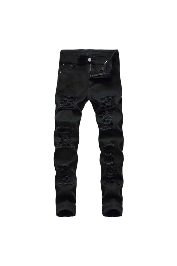 Mens Ripped Jeans, Slim-Fit Straight Pants Solid Color Casual Button Zipper Jeans Pants
