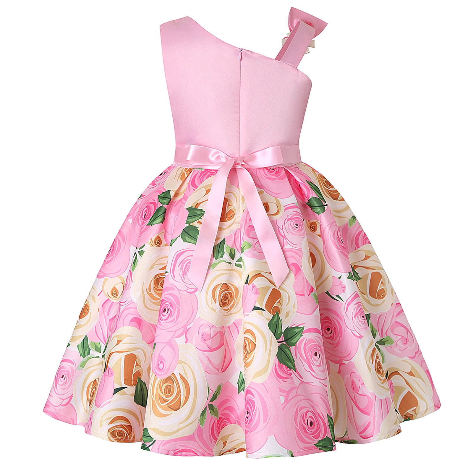 HBYJLZYG New Diagonal Shoulder Children'S Dress, Rose Print Dress Skirt ...