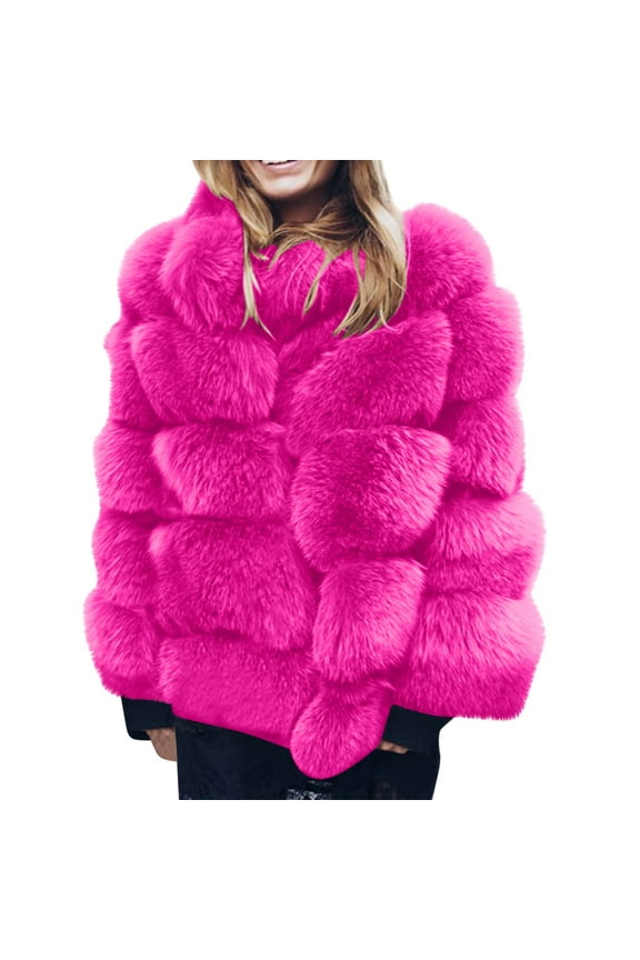 Oversized Faux Fox Fur Plush Coats Jacket Tops, Women Winter Solid Color Warm Loose Stand Collar Hair Plush Jacket Coat