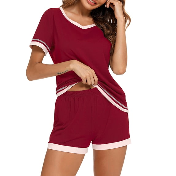 HBYJLZYG Pajama Sets For Women 2 Piece, Summer Short Sleeve Tee And Shorts Pajama Set Cute Solid Print Sleepwear Loungewear Set