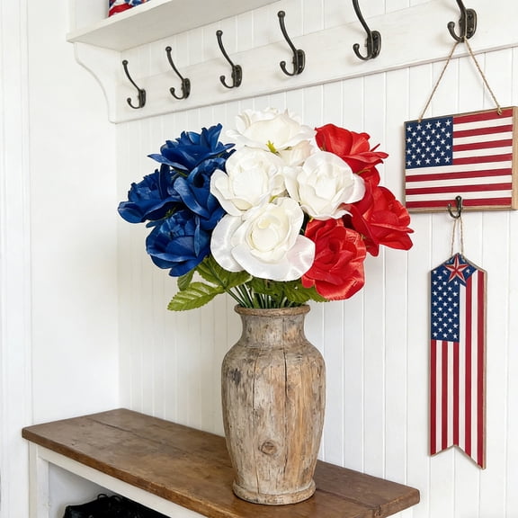HBYJLZYG Patriotic 3 Pack Red White Blue Fake Roses, Realistic Satin Bouquet for Home, Porch, Table Decor