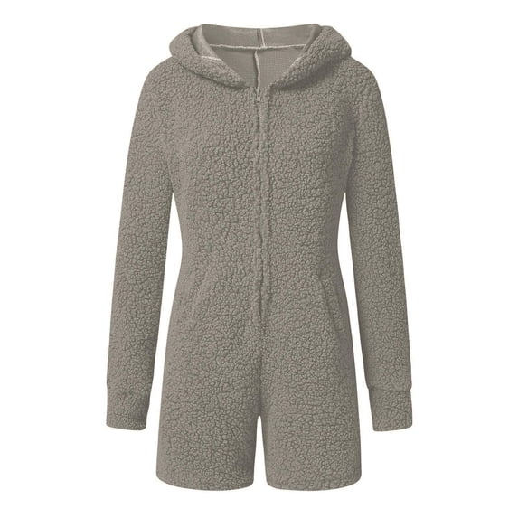 HBYJLZYG Plush Zippered Hooded Jumpsuit, Women Long Sleeve Hooded Jumpsuit Pajamas Casual Winter Warm Rompe Sleepwear