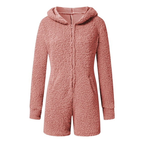 HBYJLZYG Plush Zippered Hooded Jumpsuit, Women Long Sleeve Hooded Jumpsuit Pajamas Casual Winter Warm Rompe Sleepwear